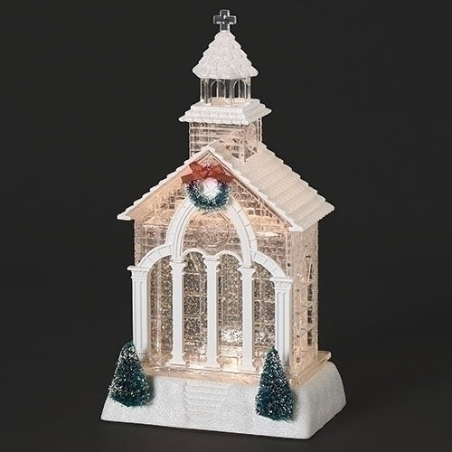 Swirl Church with Green Tree and Wreath Snow Globe