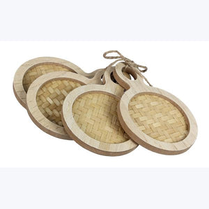 WOOD COASTER WITH BAMBOO WEAVE DESIGN, 4 PCS/SET