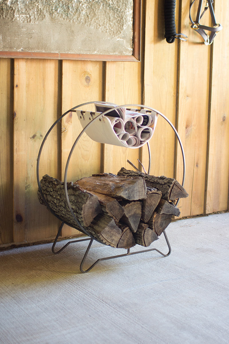 Round Log Holder with Canvas Kindling Sling