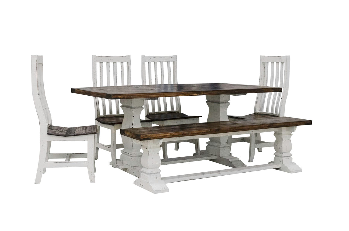 Antique White Dining Table with Side Chairs and Bench