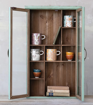 Wood & Glass Cabinet with Brass Finish Pulls (Hangs or Sits)