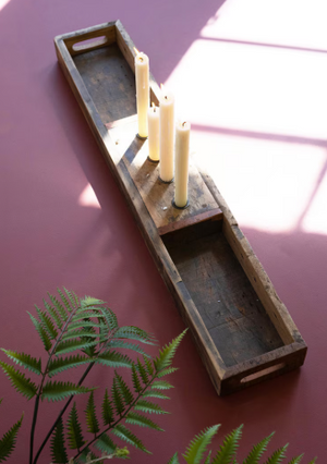 Recycled Wooden Tray with Four Taper Candle Holders