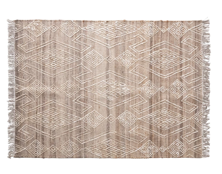 Hand-Woven Jute and Wool Blend Rug with Pattern and Fringe