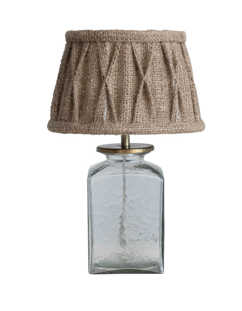 Glass & Metal Table Lamp w/ Pintucked Jute Shade & Inline Switch, Antique Bronze Finish