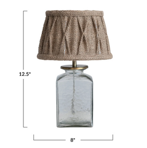 Glass & Metal Table Lamp w/ Pintucked Jute Shade & Inline Switch, Antique Bronze Finish