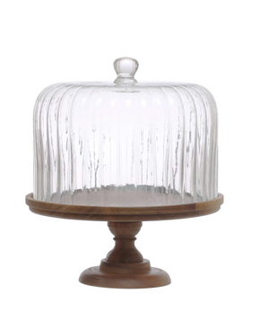 Acacia Wood Pedestal w/ Fluted Glass Cloche