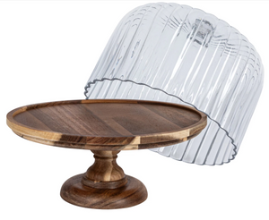 Acacia Wood Pedestal w/ Fluted Glass Cloche