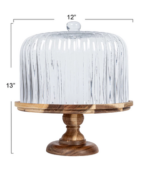 Acacia Wood Pedestal w/ Fluted Glass Cloche