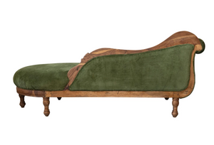 Cotton Velvet Upholstered Chaise Lounge w/ Carved Wood Frame