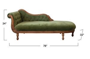 Cotton Velvet Upholstered Chaise Lounge w/ Carved Wood Frame