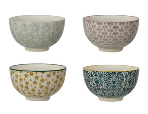 Set of 4 Hand-Stamped Stoneware Bowls w/ Pattern