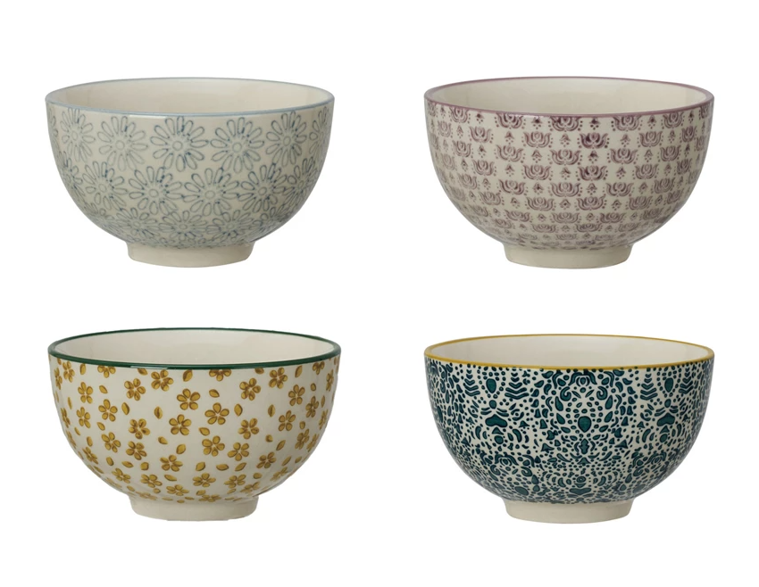 Set of 4 Hand-Stamped Stoneware Bowls w/ Pattern