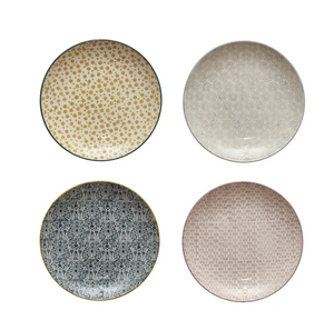 Set of 4 Hand-Stamped Stoneware Plates w/ Pattern