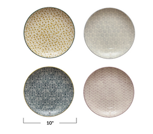 Set of 4 Hand-Stamped Stoneware Plates w/ Pattern