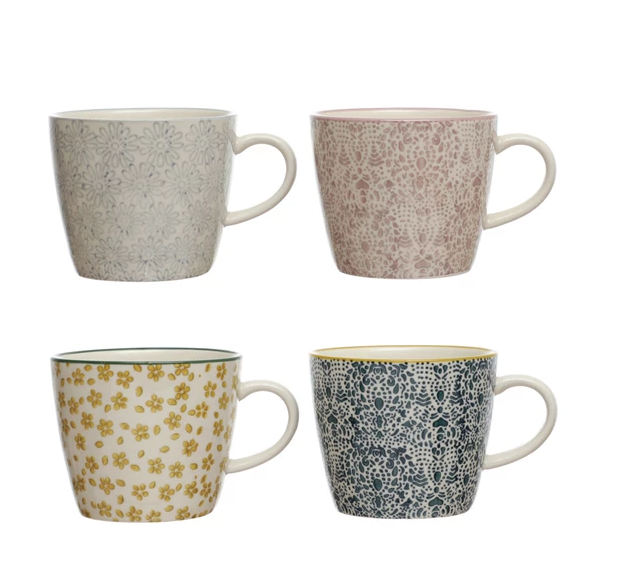 Set of 4 10 oz. Hand-Stamped Stoneware Mugs w/ Pattern