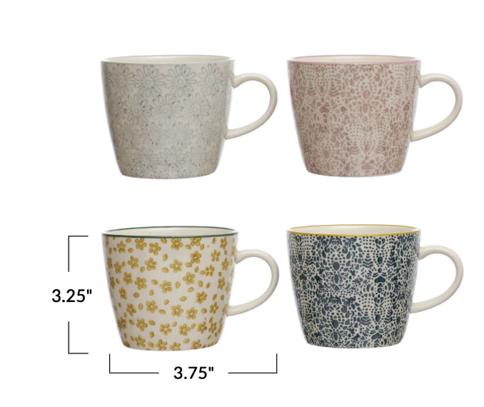 Set of 4 10 oz. Hand-Stamped Stoneware Mugs w/ Pattern