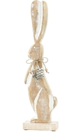 Large Long-Eared Whitewashed Wood Bunny on Stand