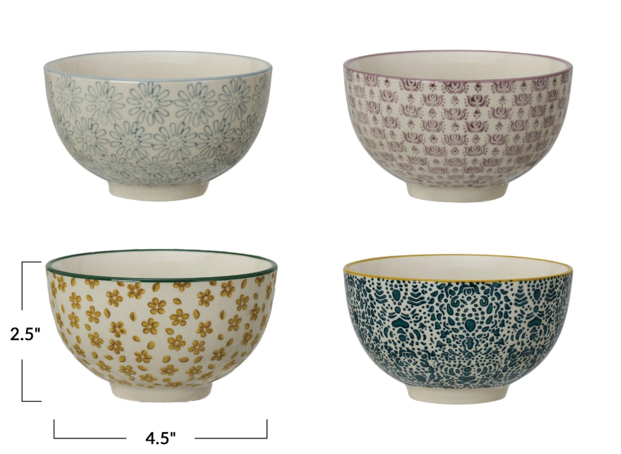 Set of 4 Hand-Stamped Stoneware Bowls w/ Pattern