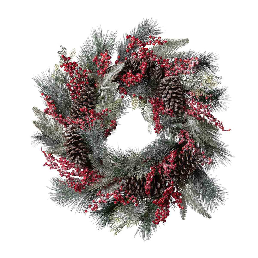 Frosted Mixed Evergreen, Pine Cone and Berry Wreath