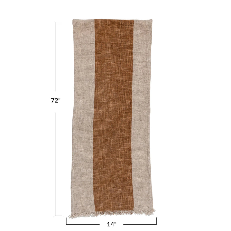 Cotton & Linen Table Runner w/ Stripe & Fringe, Natural & Brown