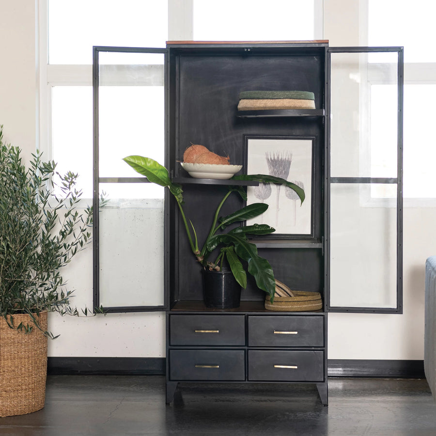 Acacia Wood & Metal Cabinet w/ 2 Glass Doors, 3 Swivel Shelves & 4 Drawers, Black