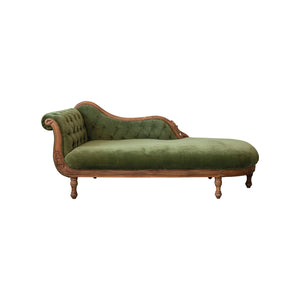 Cotton Velvet Upholstered Chaise Lounge w/ Carved Wood Frame