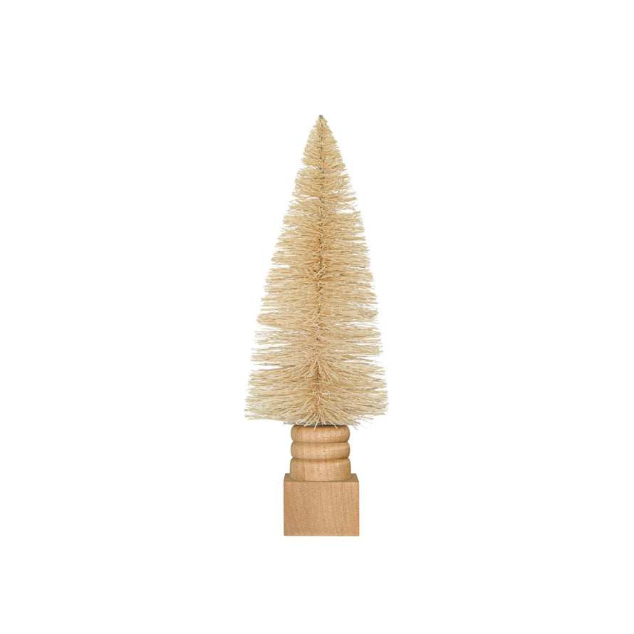 Sisal Bottle Brush Tree w/ Carved Wood Base, Cream Color