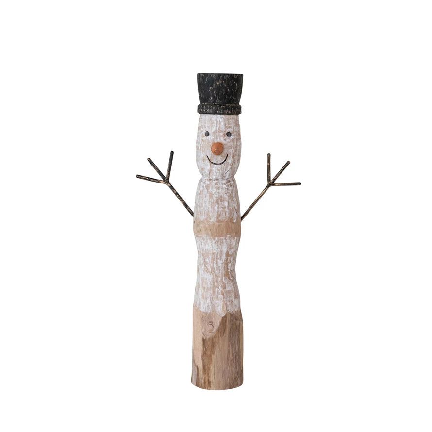 Hand-Carved Mango Wood & Metal Snowman, Black, White & Natural