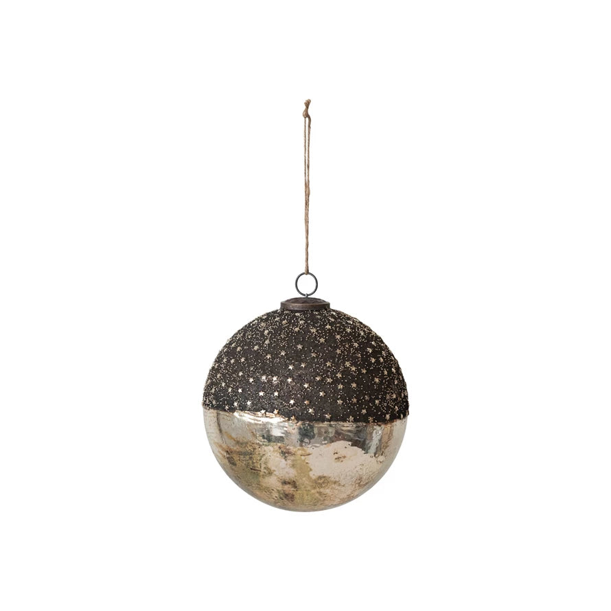 Mercury Glass Ball Ornament w/ Stars, Dipped Bronze & Silver Finish