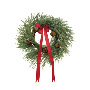 Faux Wreath w/ Red Ribbon & Rust Finish Metal Bells