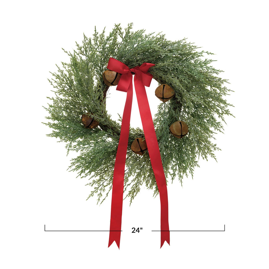 Faux Wreath w/ Red Ribbon & Rust Finish Metal Bells