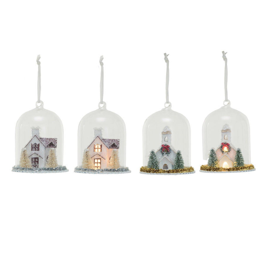 Glass Cloche Ornament w/ House & LED Light