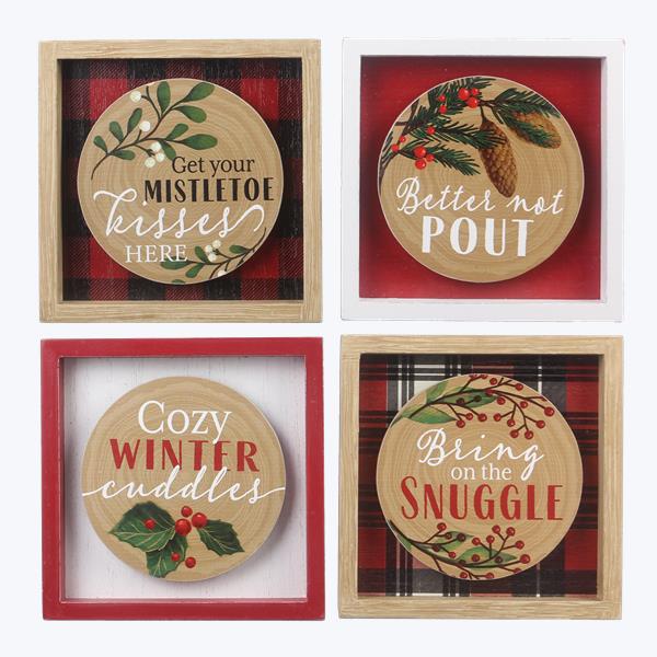 WOOD TABLETOP CHRISTMAS BOX SIGN, 4 ASSORTED