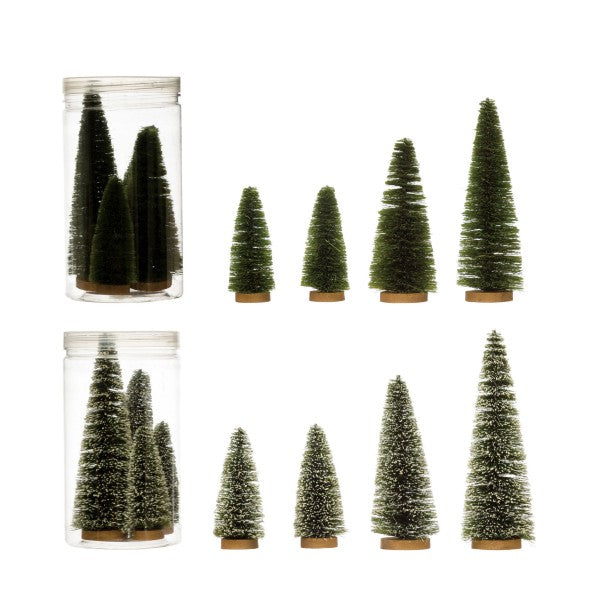 Bottle Brush Trees with Wood Bases, Green, Boxed Set of 4, 2 Finishes