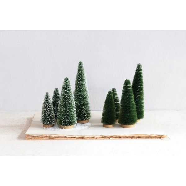 Bottle Brush Trees with Wood Bases, Green, Boxed Set of 4, 2 Finishes