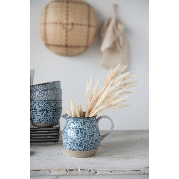 Hand-Painted Stoneware Pitcher with Floral Print