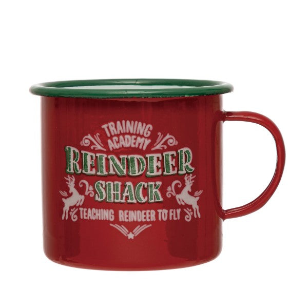 Enameled Mug "Reindeer Shack", Red with Green Rim