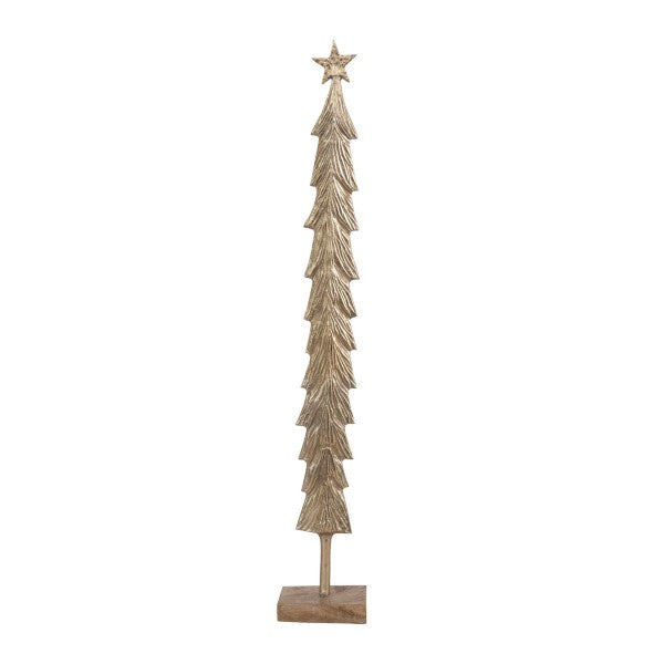 Metal Christmas Tree with Mango Wood Base, Brass Finish