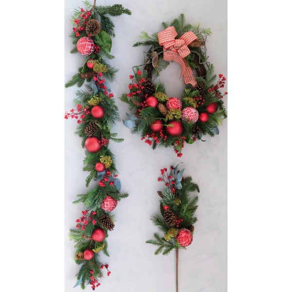 Faux Pine Garland with Red Plastic Ball Ornaments, Pinecones and Berries