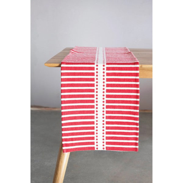 Cotton Printed Table Runner with Stripes and Dots, Red and White