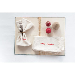 Napkins with Embroidery "Merry Christmas", Natural and Red, Set of 4