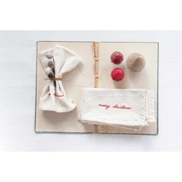 Napkins with Embroidery "Merry Christmas", Natural and Red, Set of 4