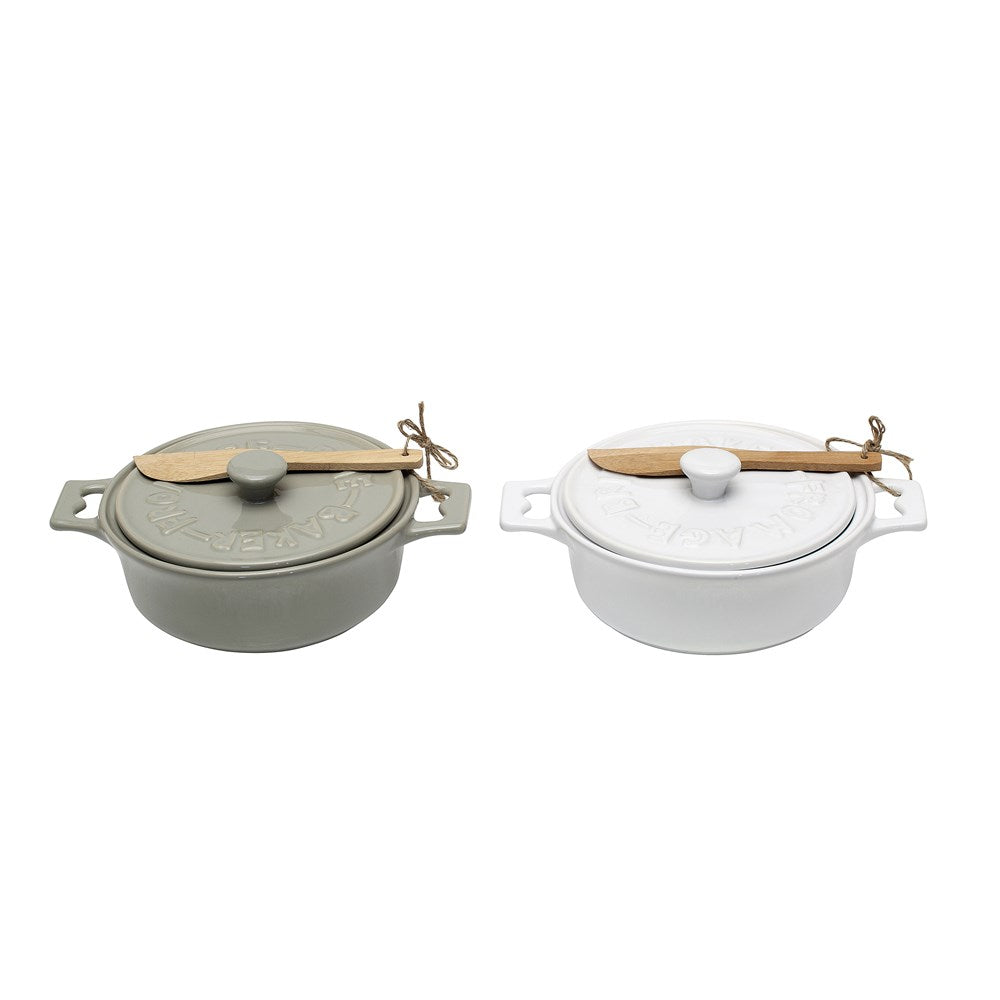 Christina Home Designs Gray Brie Baker, 3 Piece Set Includes Base, Lid and Wooden Spoon