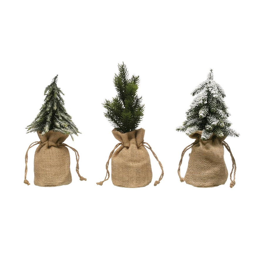 Mini Faux Pine Trees in Burlap Bag